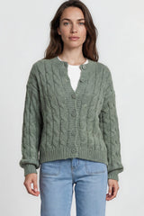 Model wearing Aspen Cardigan in Green from Salty Crush