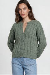 Model wearing Aspen Cardigan in Green from Salty Crush
