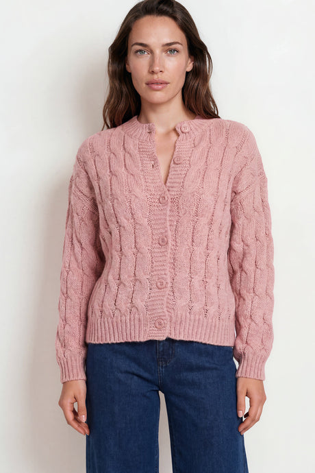Model wearing Aspen Cardigan in Pink from Salty Crush
