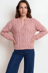 Model wearing Aspen Cardigan in Pink from Salty Crush
