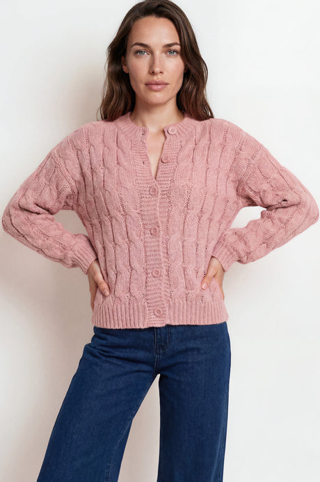 Model wearing Aspen Cardigan in Pink from Salty Crush

