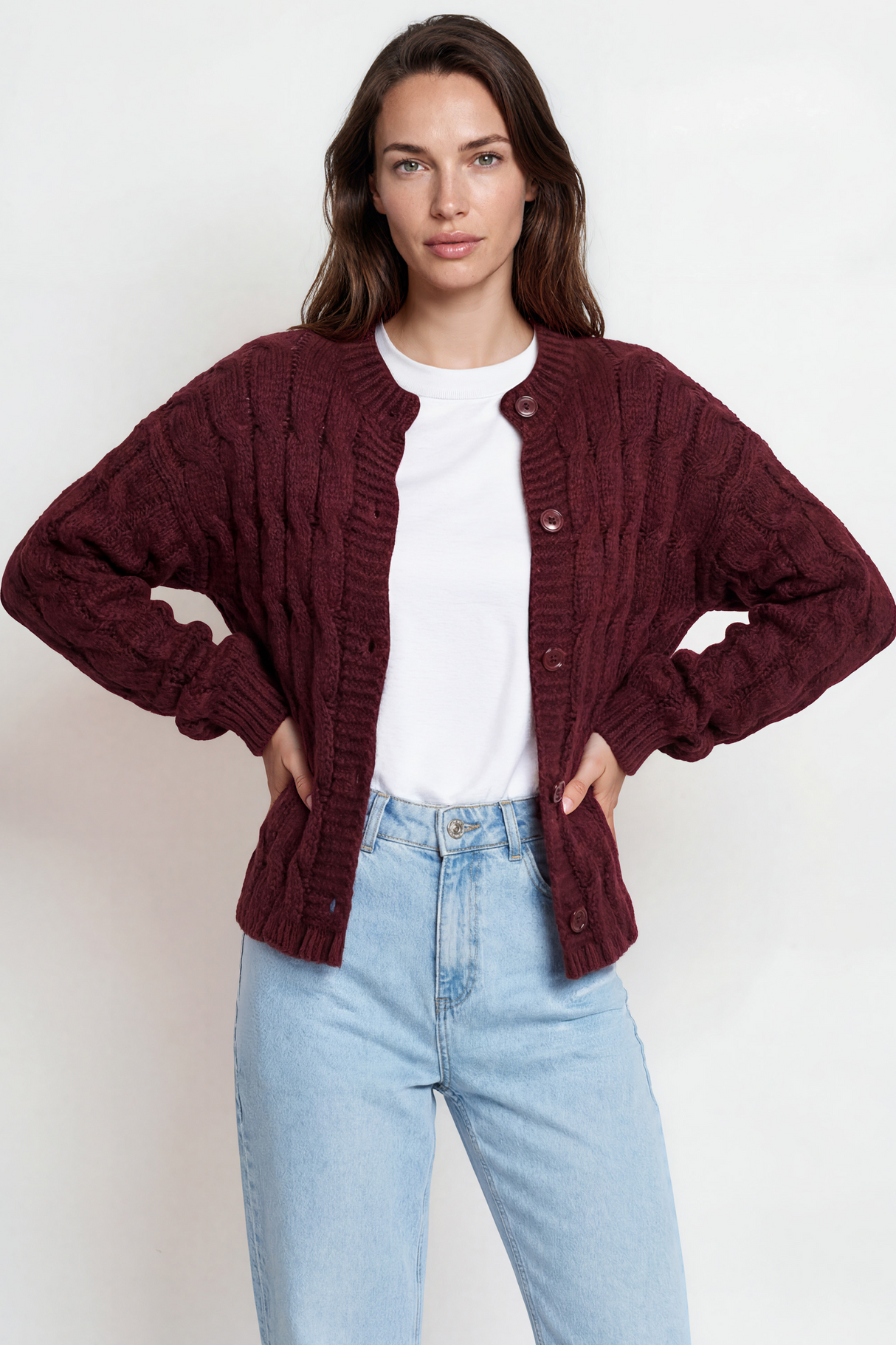 Model wearing Aspen Cardigan in Wine from Salty Crush