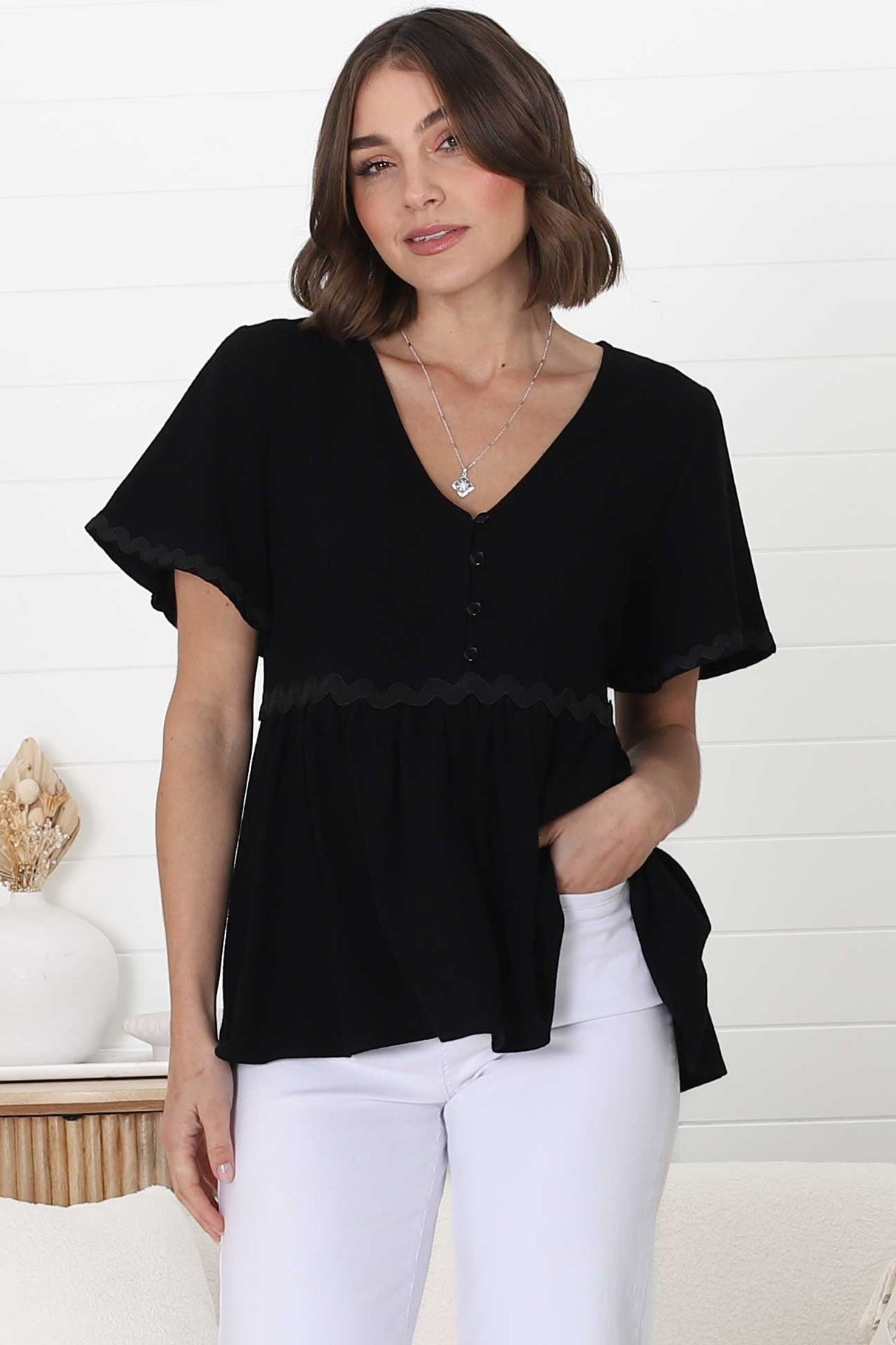 Aster Top - Pull Over Top with Rick Rack Detailing in Black