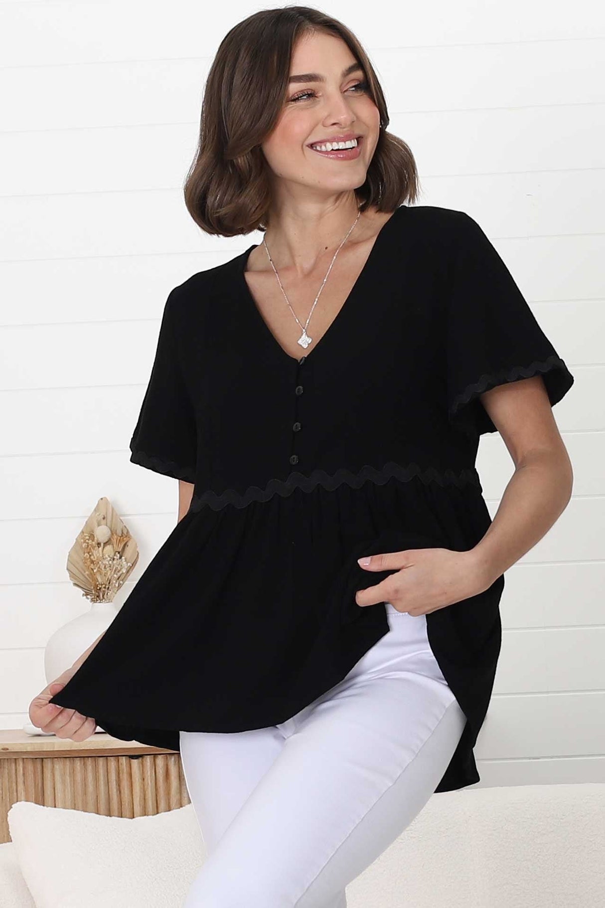 Aster Top - Pull Over Top with Rick Rack Detailing in Black