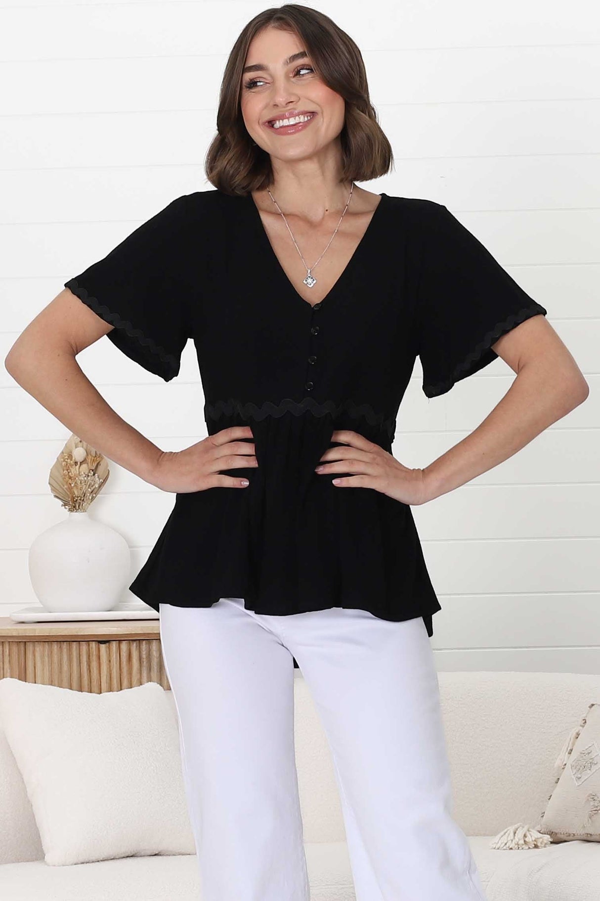 Aster Top - Pull Over Top with Rick Rack Detailing in Black