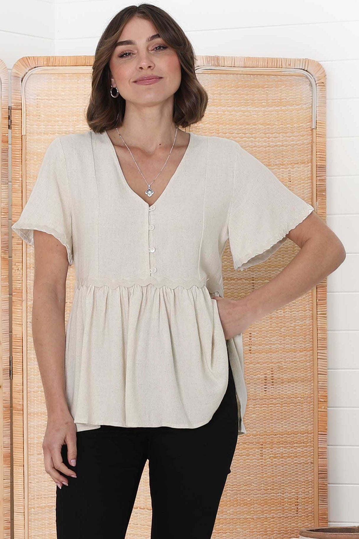 Aster Top - Pull Over Top with Rick Rack Detailing in Oat