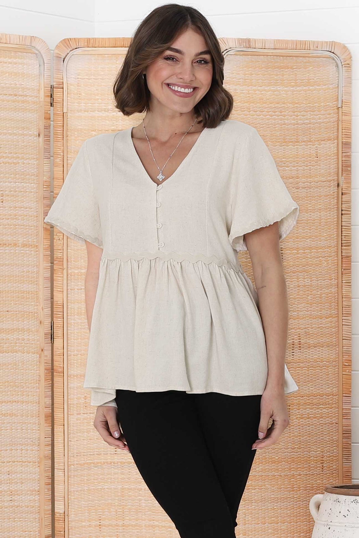 Aster Top - Pull Over Top with Rick Rack Detailing in Oat