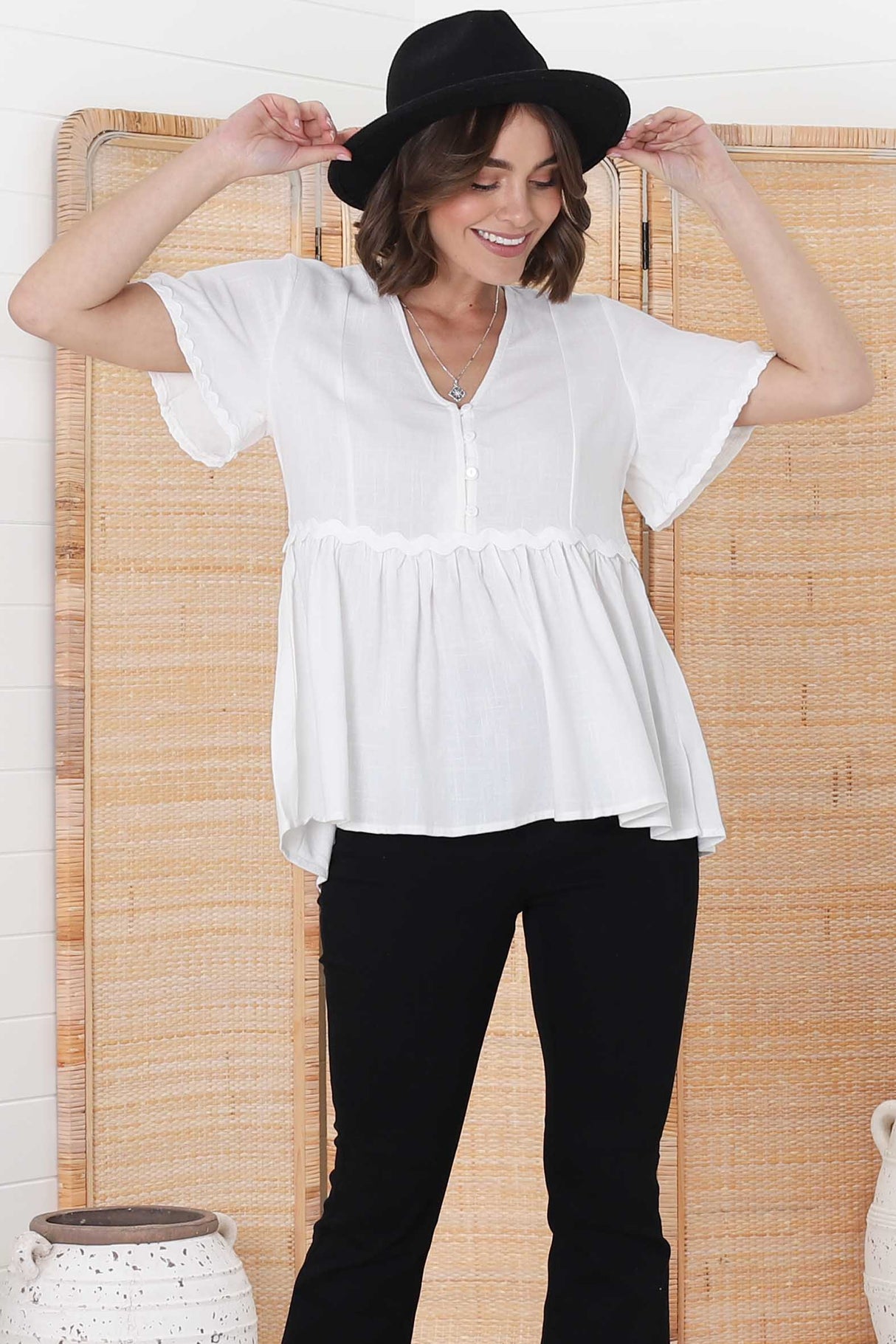 Aster Top - Pull Over Top with Rick Rack Detailing in White