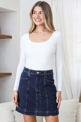 Astin Denim Mini Skirt - High Waisted Contrast Stitched A-Line Skirt in Dark Denim