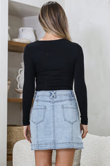 Astin Denim Mini Skirt - High Waisted Contrast Stitched A-Line Skirt in Light Denim