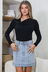 Astin Denim Mini Skirt - High Waisted Contrast Stitched A-Line Skirt in Light Denim