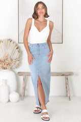 Astrid Denim Midi Skirt - High Waisted Stretchy Skirt with Front Split