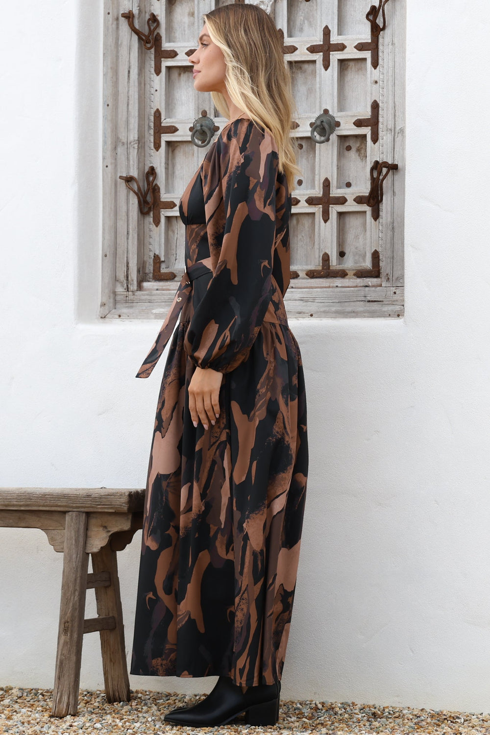 Athena Maxi Dress - On or Off Shoulder A-Line Dress with Matching Belt in Chelsea Print Brown