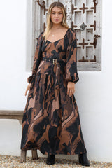 Athena Maxi Dress - On or Off Shoulder A-Line Dress with Matching Belt in Chelsea Print Brown