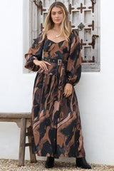 Athena Maxi Dress - On or Off Shoulder A-Line Dress with Matching Belt in Chelsea Print Brown