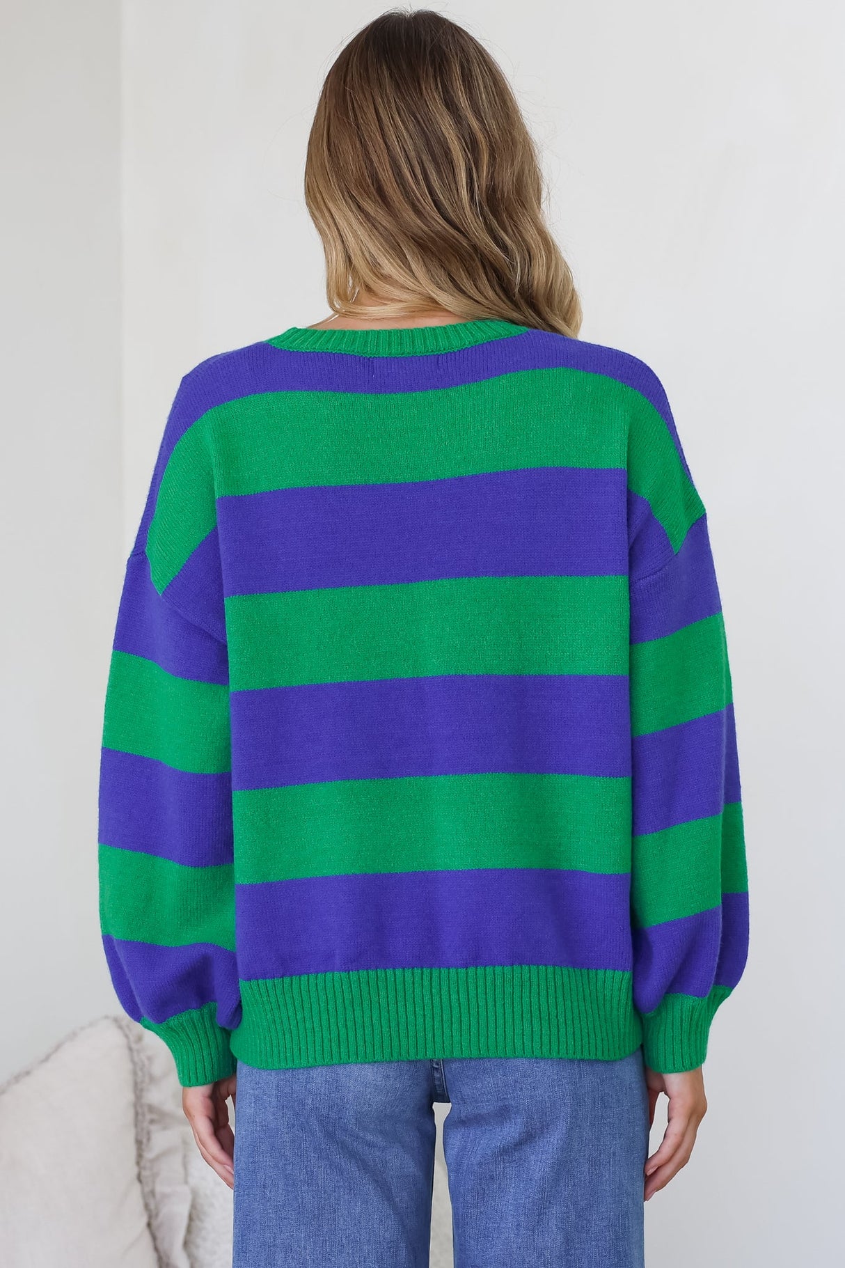 Atlantic Jumper - Crew Neck Relaxed Stripe Knit with Ribbed Hemlines in Green