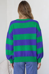 Atlantic Jumper - Crew Neck Relaxed Stripe Knit with Ribbed Hemlines in Green