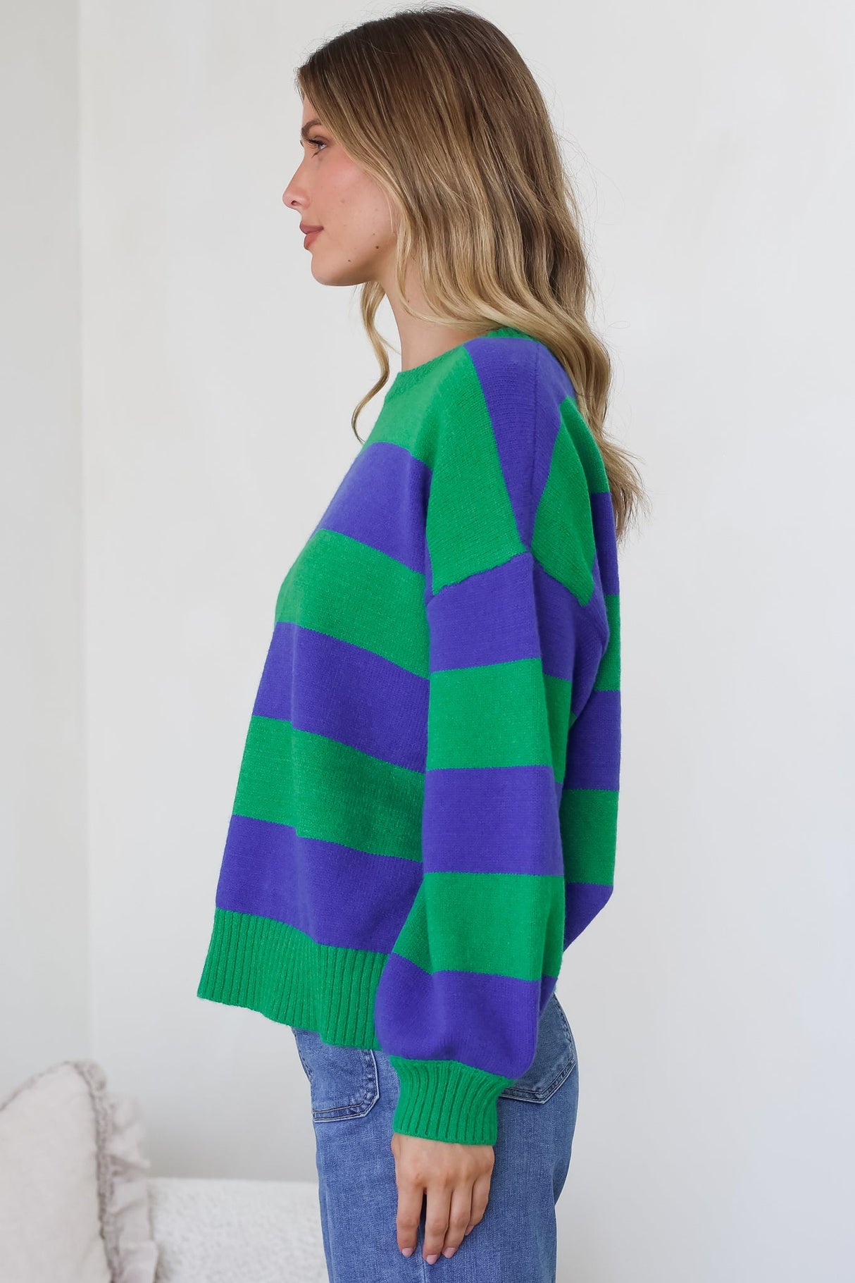 Atlantic Jumper - Crew Neck Relaxed Stripe Knit with Ribbed Hemlines in Green