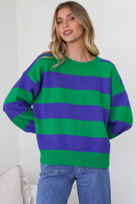 Atlantic Jumper - Crew Neck Relaxed Stripe Knit with Ribbed Hemlines in Green