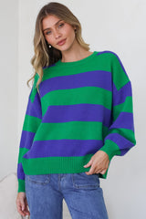 Atlantic Jumper - Crew Neck Relaxed Stripe Knit with Ribbed Hemlines in Green