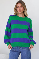 Atlantic Jumper - Crew Neck Relaxed Stripe Knit with Ribbed Hemlines in Green