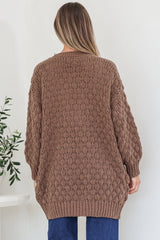 Attlee Cardigan - Chunky Open Cable Knit with Pockets and Rib Knit Trim in Coffee