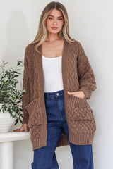 Attlee Cardigan - Chunky Open Cable Knit with Pockets and Rib Knit Trim in Coffee