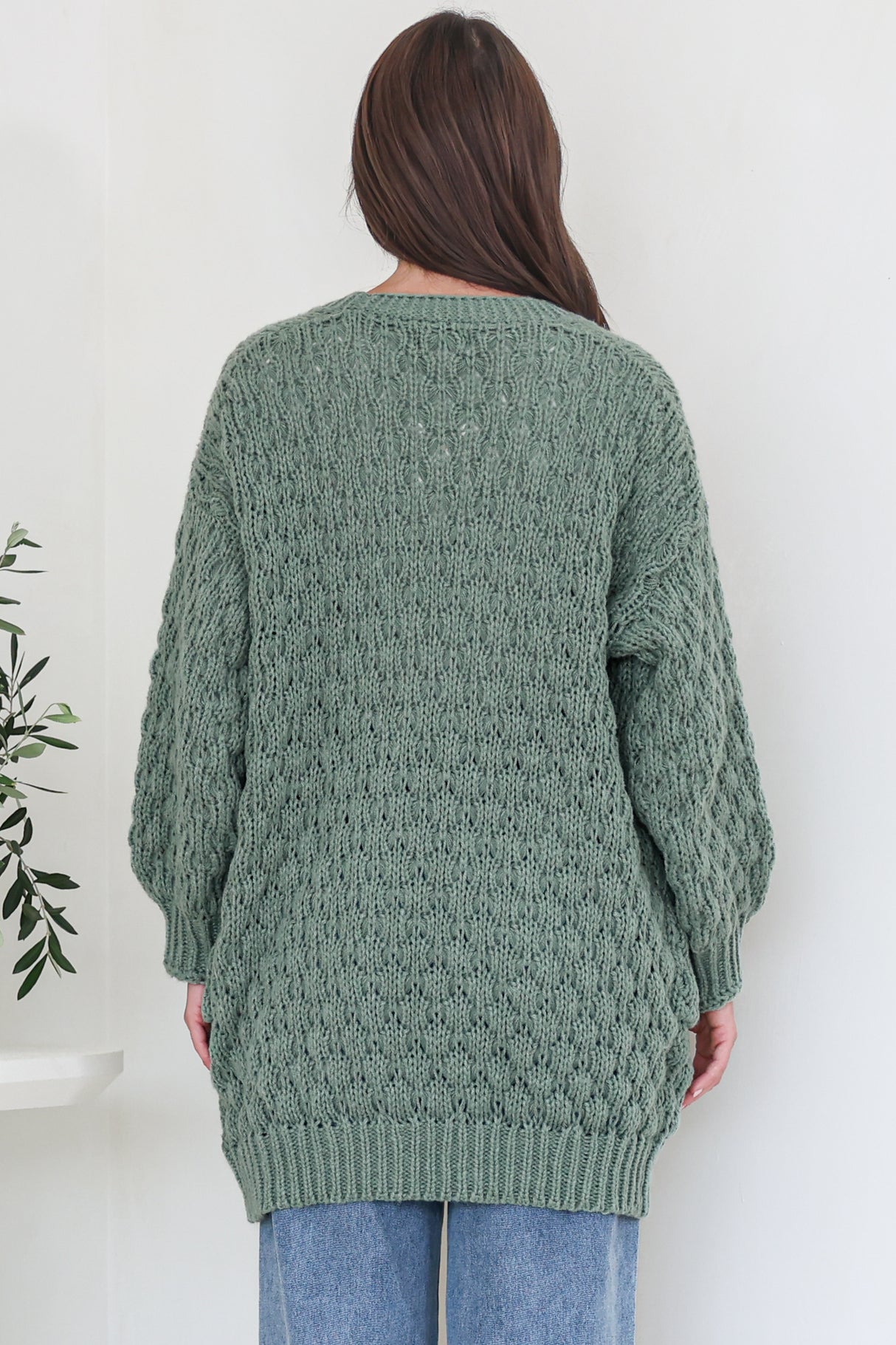 Attlee Cardigan - Chunky Open Cable Knit with Pockets and Rib Knit Trim in Sage