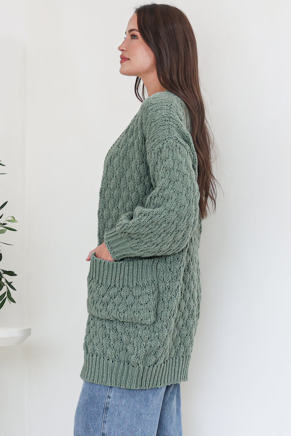 Attlee Cardigan - Chunky Open Cable Knit with Pockets and Rib Knit Trim in Sage