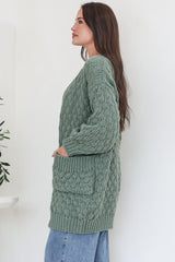 Attlee Cardigan - Chunky Open Cable Knit with Pockets and Rib Knit Trim in Sage
