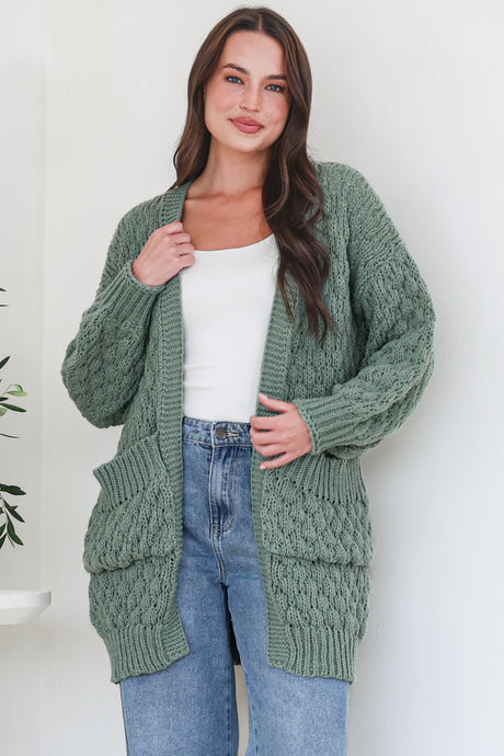 Attlee Cardigan - Chunky Open Cable Knit with Pockets and Rib Knit Trim in Sage