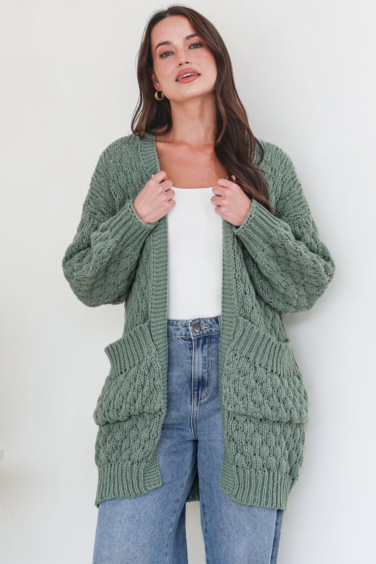 Attlee Cardigan - Chunky Open Cable Knit with Pockets and Rib Knit Trim in Sage