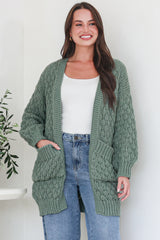 Attlee Cardigan - Chunky Open Cable Knit with Pockets and Rib Knit Trim in Sage