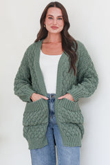 Attlee Cardigan - Chunky Open Cable Knit with Pockets and Rib Knit Trim in Sage