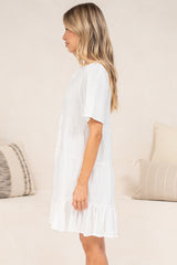 Atrina Mini Dress - Split V-Neck Tiered Dress with Short Sleeves in White