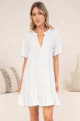 Atrina Mini Dress - Split V-Neck Tiered Dress with Short Sleeves in White
