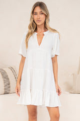 Atrina Mini Dress - Split V-Neck Tiered Dress with Short Sleeves in White