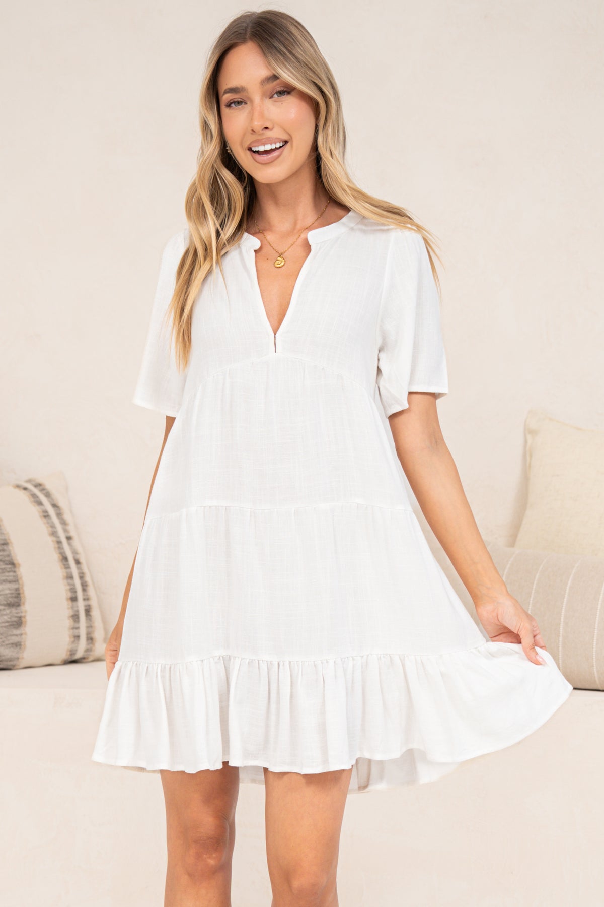 Atrina Mini Dress - Split V-Neck Tiered Dress with Short Sleeves in White