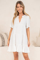 Atrina Mini Dress - Split V-Neck Tiered Dress with Short Sleeves in White