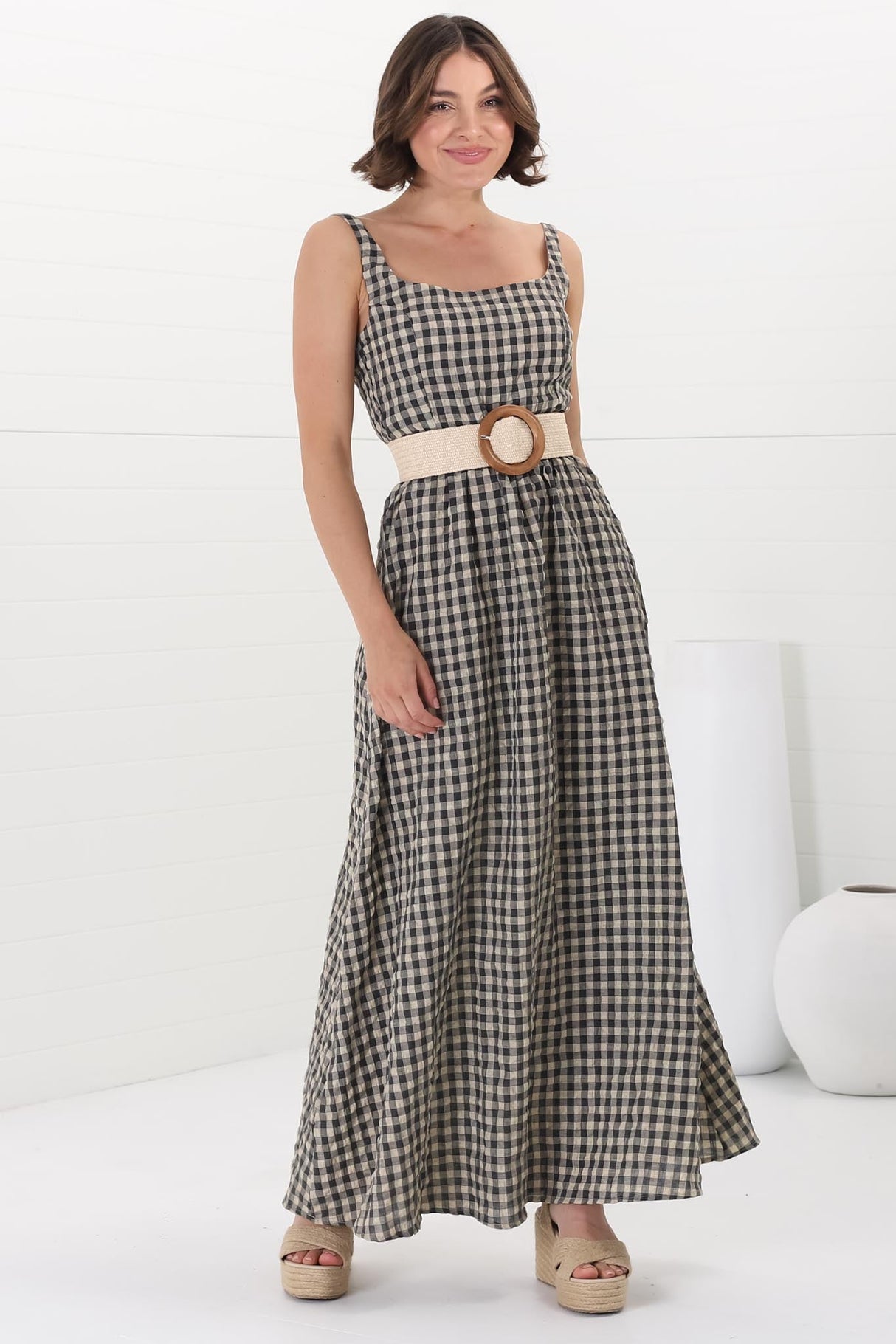 Atyla Maxi Dress - Square Neckline Sun Dress in Gingham Black