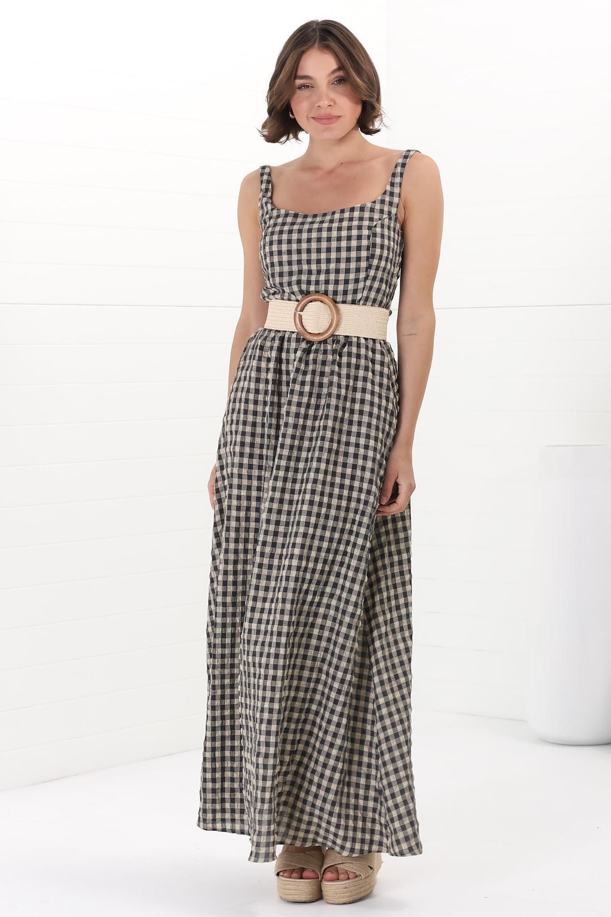 Atyla Maxi Dress - Square Neckline Sun Dress in Gingham Black