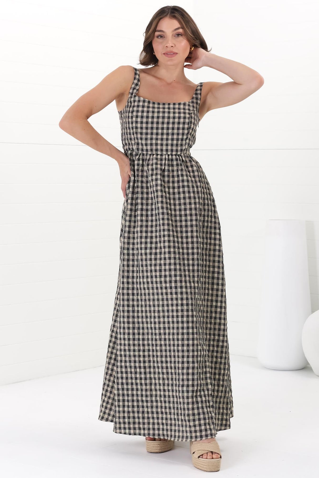 Atyla Maxi Dress - Square Neckline Sun Dress in Gingham Black