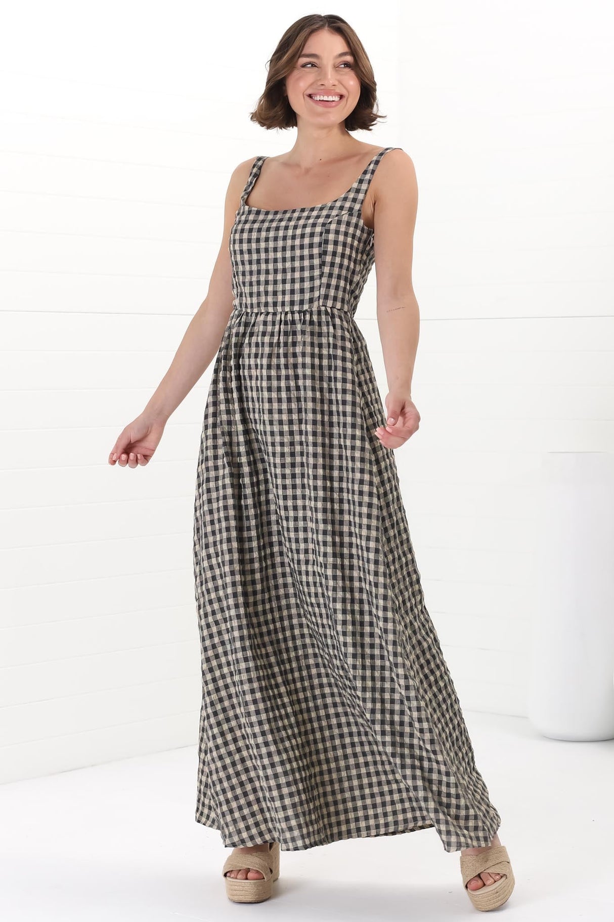 Atyla Maxi Dress - Square Neckline Sun Dress in Gingham Black