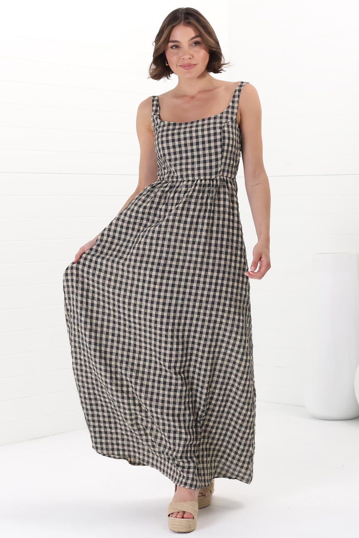 Atyla Maxi Dress - Square Neckline Sun Dress in Gingham Black