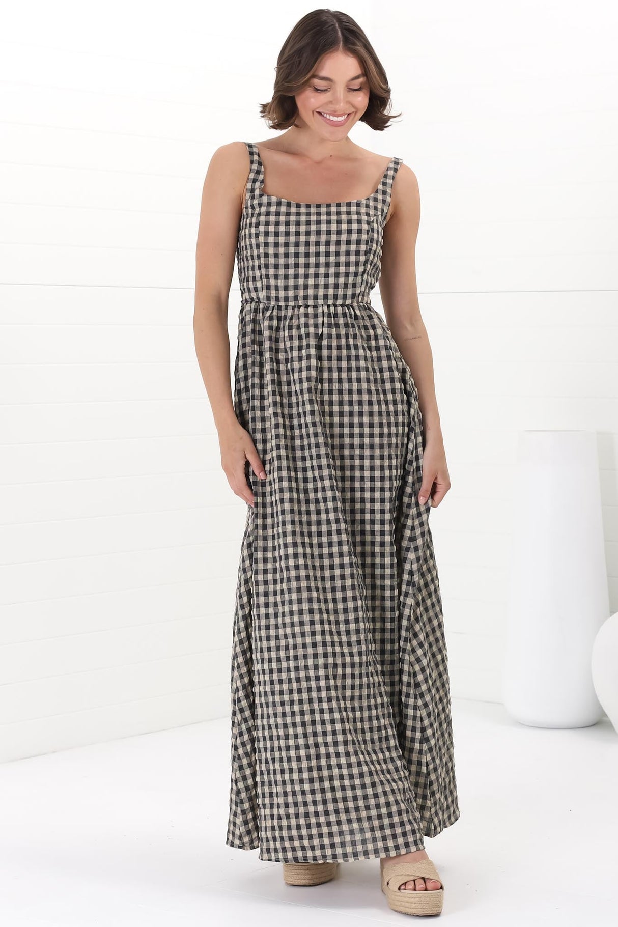 Atyla Maxi Dress - Square Neckline Sun Dress in Gingham Black