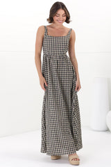 Atyla Maxi Dress - Square Neckline Sun Dress in Gingham Black