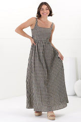 Atyla Maxi Dress - Square Neckline Sun Dress in Gingham Black