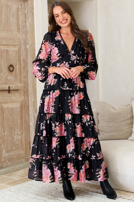 Audrey Maxi Dress - Delicately Detailed Tiered A-Line Dress in Odessa Print