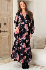 Audrey Maxi Dress - Delicately Detailed Tiered A-Line Dress in Odessa Print