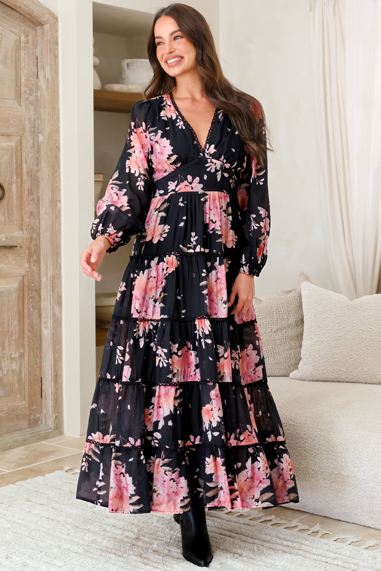 Audrey Maxi Dress - Delicately Detailed Tiered A-Line Dress in Odessa Print